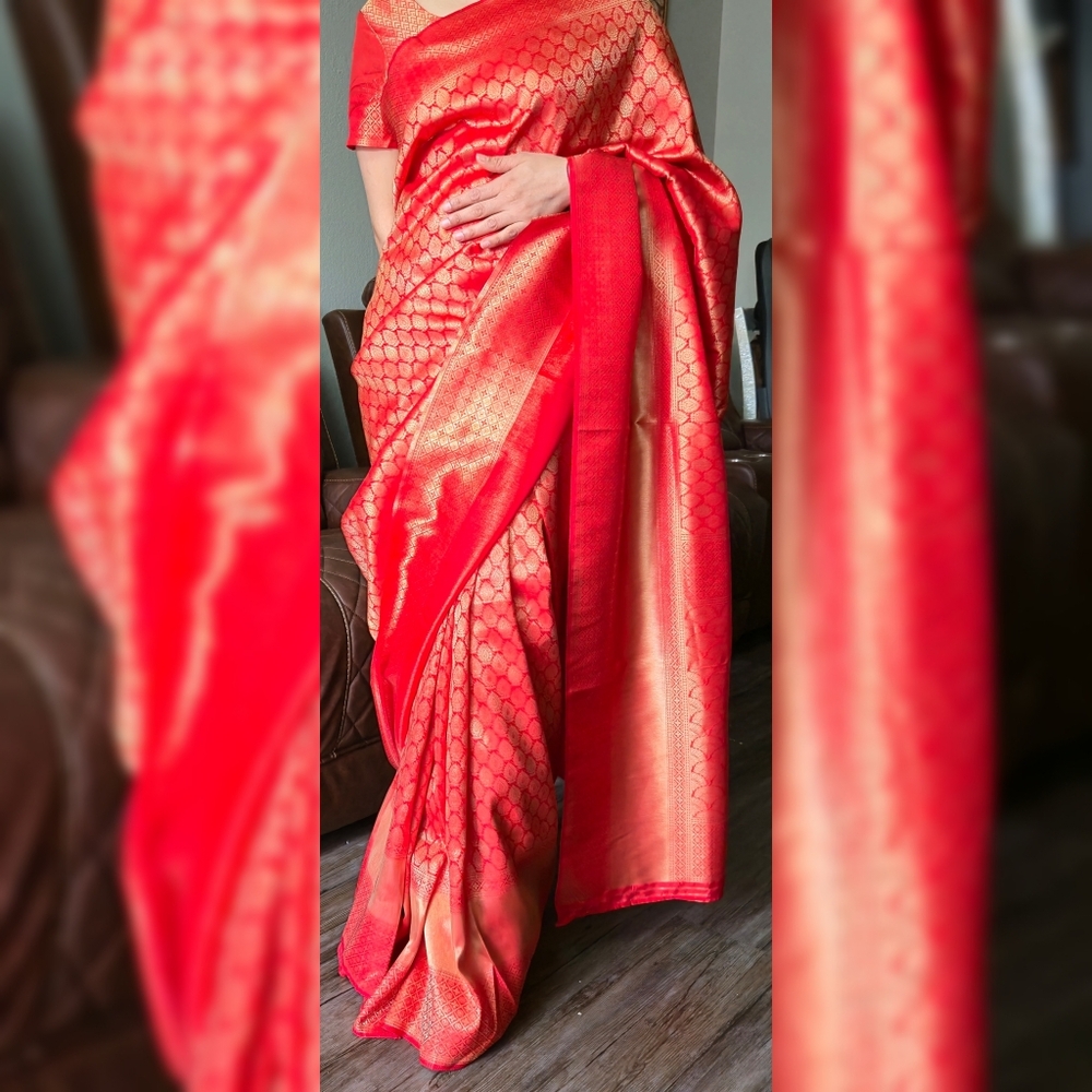 Red orange banarsi silk saree NEGOTIABLE